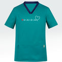 Men's teal scrub top featuring heartbeat line across front chest ending with stylised heart shape and incorporating Heart Foundation brand mark.
