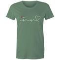 Sage green Heart Foundation women's t-shirt featuring logo and white print heartbeat line ending in stylised heart.