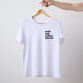 Women's short sleeve white Heart Foundation t-shirt displayed on hanger with Walk.Talk.Coffee.Repeat print to left chest.
