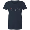 Navy Heart Foundation women's t-shirt featuring logo and white print heartbeat line ending in stylised heart.