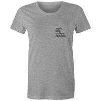 Women's short sleeve grey marle Heart Foundation t-shirt with Walk.Talk.Coffee.Repeat print to left chest.