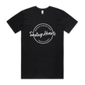 Heart Foundation mens black organic cotton t-shirt featuring Saving Hearts design in white print.
