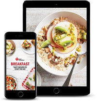 Heart Foundation Breakfast recipe booklet cover shown on mobile, fruit and nut muesli recipe shown on tablet screen