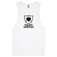 White Heart Foundation mens tank with heart warrior design in black print and displayed on hanger.