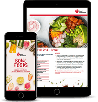 Heart Foundation Bowl Foods Recipe eBook image showing Salmon Poke Bowl  on tablet device and cover on mobile
