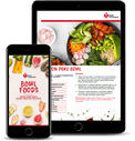 Heart Foundation Bowl Foods Recipe eBook image showing Salmon Poke Bowl  on tablet device and cover on mobile