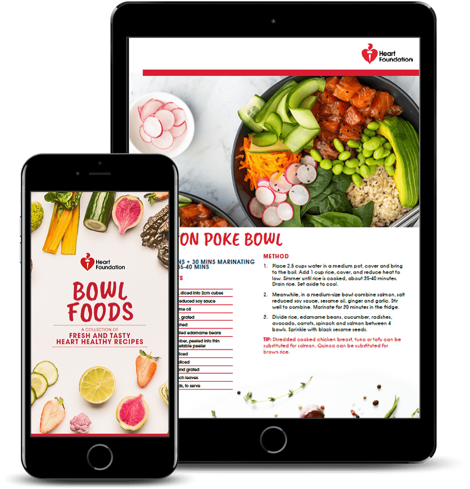 Heart Foundation Bowl Foods Recipe eBook image showing Salmon Poke Bowl  on tablet device and cover on mobile