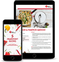 Heart Foundation 5 Ingredient Recipes eBook cover featured on mobile and Chicken & Pumpkin Gnocchi recipe shown on tablet screen