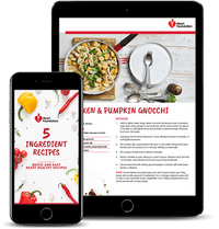 Heart Foundation 5 Ingredient Recipes eBook cover featured on mobile and Chicken & Pumpkin Gnocchi recipe shown on tablet screen