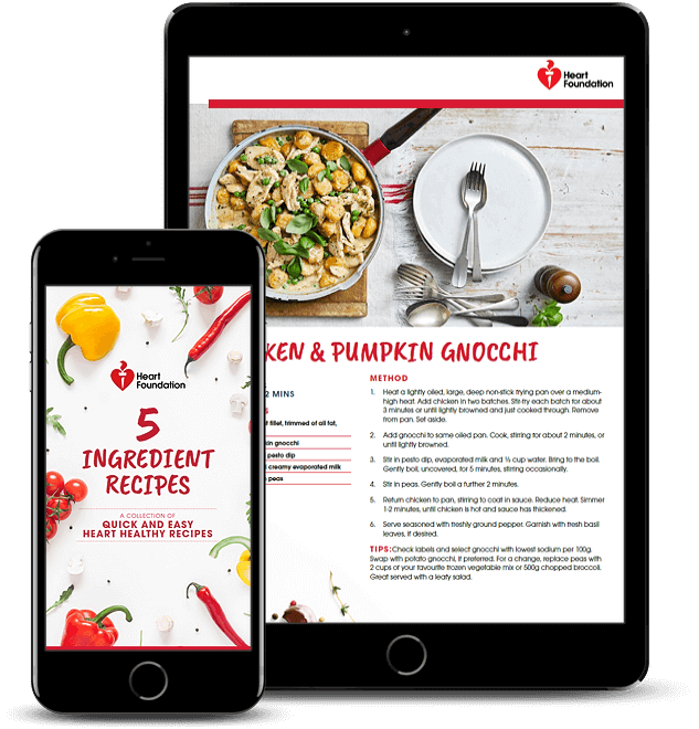 Heart Foundation 5 Ingredient Recipes eBook cover featured on mobile and Chicken & Pumpkin Gnocchi recipe shown on tablet screen
